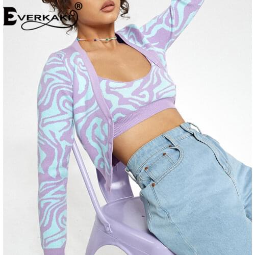 Everkaki Ripple Jacquard Knitted Cardigan Women Sweater Autumn Winter Y2K Crop Tops Streetwear Boho Knit Pullovers Female 2021