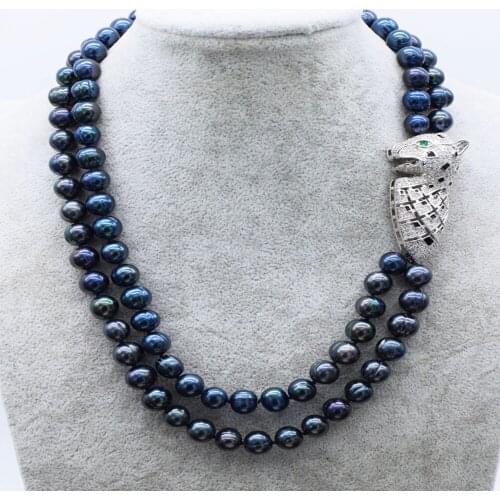 2rows freshwater pearl black near round 9-10mm leopard pendant necklace 17-18" nature wholesale