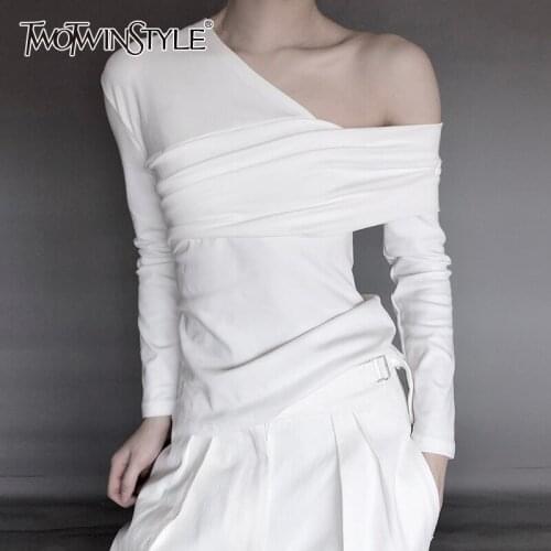 TWOTWINSTYLE Sexy Off Shoulder Womens T-shirts Asymmetricsl Slim Long Sleeve Fashion Black T Shirt Female Clothing 2020 Spring