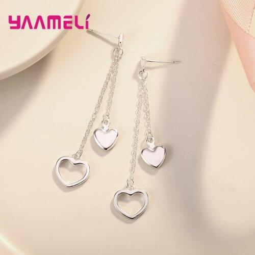 Prevent Allergy 925 Sterling Silver Double Chains Drop Earrings Heart Charms Jewelry for Women Girls Valentines Birthday Gift