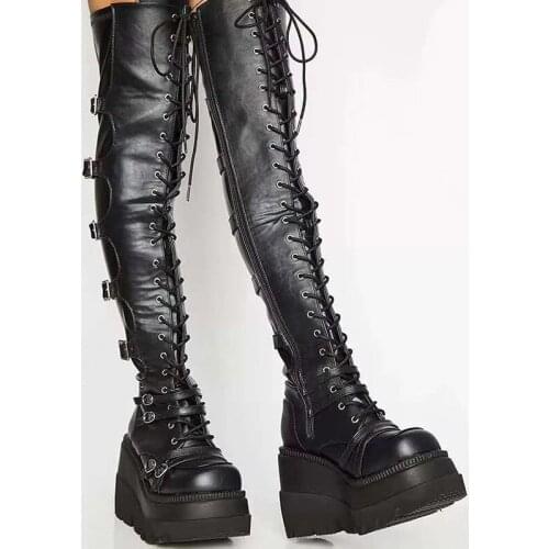 Female High Platform Thigh High Boots Fashion Buckle Punk High Heels Boots Women Wedges Shoes Woman Brand Design