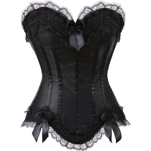 S-6XL Lace Trim Bow Satin Corset With Zipper Side For Women Plus Size Sexy Bustier Body Shaper Overbust Corset Top