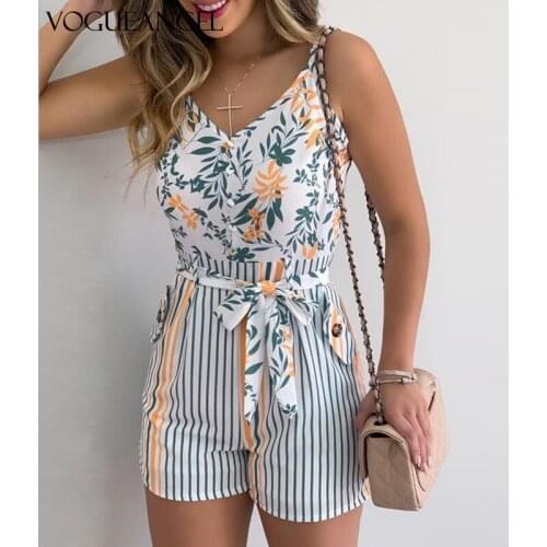 2021 NEW Womens Summer Print Jumpsuit Casual Slim Short Sleeve V-Neck Beach Rompers Sleeveless Bodycon Sexy Playsuit