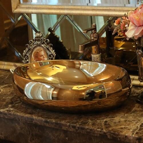 Golden Europe Vintage oval Art Countertop Basin Sink Handmade Ceramic Bathroom Vessel Sink Vanities porcelain bathroom sink