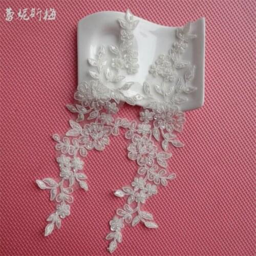 3Pairs/6pcs Beautiful Ivory Beaded Embroidery Flower Lace Applique Sewing Lace Trims Applique DIY Craft 29.5X8cm BD0235