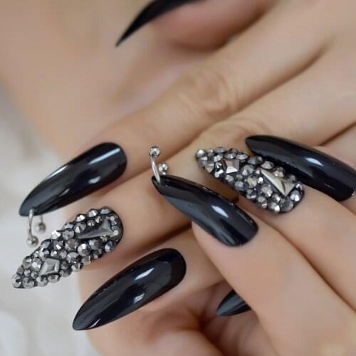 3D Dark Black Artificial Nails Rhinestone Long Luxurious Stiletto Press On Nails Sharp Gothic Fake Nail Tips