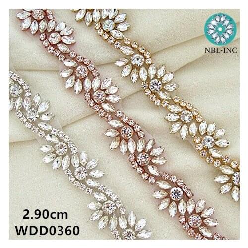 5 yards) Bridal beaded silver rose gold crystal rhinestone applique trim iron on for wedding dress WDD0360