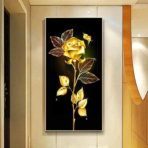 5D DIY Diamond Painting Gold Rose Flower Entrance Wall Decorations Full Drill Square/Round Diamonds Embroidery Craft Gift Kit