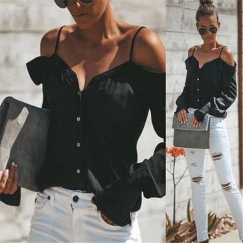 Women Chiffon Blouse Shirts Women Off Shoulder V-Neck Long Sleeves Tops Loose Blouse Shirt Cold Shoulder Sling Shirt Women Tops