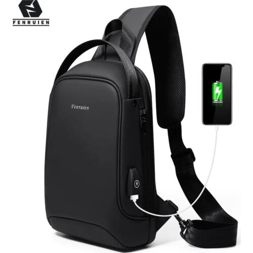 Fenruien Men Shoulder Bag for 9.7" iPad USB Charging Chest Bag Short Trip Water Repellent Crossbody Bag Black 2020 New