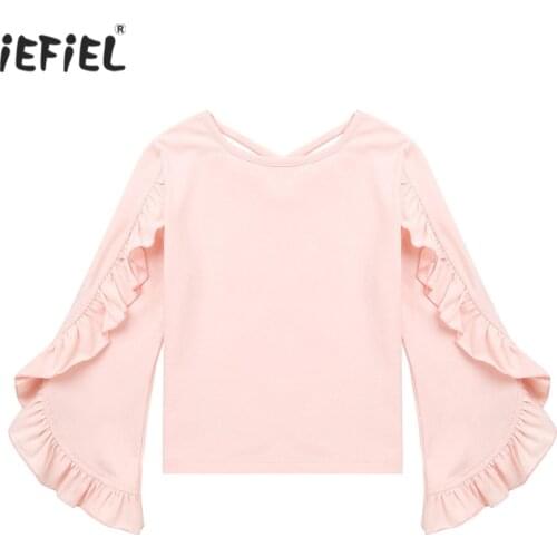 Kids Girls T-shirt Spring Autumn Fashion Children Clothes Solid Color Ruffles Flare Long Sleeves Tops For Dance Performance