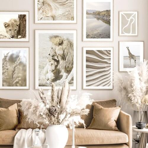 Lion Giraffe Reed Dune Natural Scenery Wall Art Canvas Painting Nordic Posters And Prints Wall Pictures For Living Room Decor