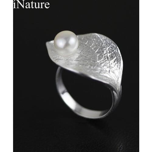 INATURE 925 Sterling Silver Leaf Rings For Women Natural Freshwater Pearl Adjustable Finger Ring