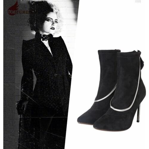 Costumebuy Cruella de Vil Cosplay Black Shoes High heels Halloween Evening Party Cruella Costume for Rock Black Coat Uniform New