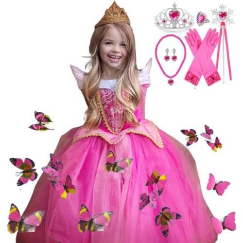 Halloween Sleeping Beauty Costume Summer Girls Aurora Dress Fluffy Girls Off Shoudler Pink Dresses Fancy Fairy Princess Dress Up