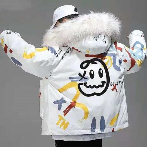 Hand-painted dinosaur smiley white duck down jacket couple style national tide brand contrast coat short winter graffiti