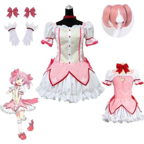 Puella Magi Madoka Magica Magical Girl Kaname Madoka Cosplay Costume Short Ball Dress With Bowknots Cosplay Costume Wig