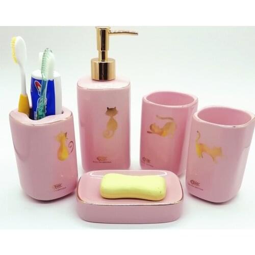 Free Shipping Bathroom Accessoreis Set 4pcs 5pcs Pink Toilet Decoration Ceramic Golden Cat Personal Supply Kits Home Decor