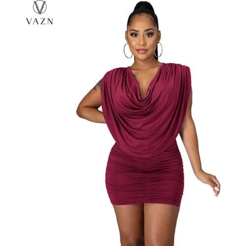 VAZN 2021 New Deep V-Neck Sexy Club Birthday Solid Short Sleeve Solid Mini Dress Summer Elegant Fashion Women Dress