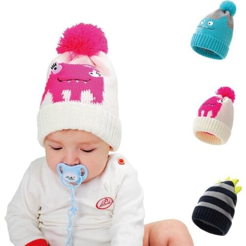 New Baby Girls Dinosaur Hat Elastic Knit Cotton Kids Cap with Faux Fur Ball Infant Bonnet Birthday Christmas Gifts Photo Props