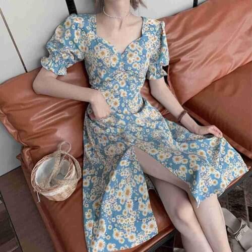 French split hollow cheongsam shein Dress Womens Dress Summer Traf New Fashion Retro Floral Trumpet Sleeve Y2k Woman Dress