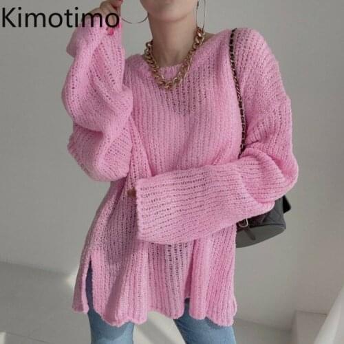 Kimotimo Candy Colors Knit Pullover Women Korean Chic Solid Hollow Out O-neck Thin Sweater Autumn Long Sleeve All-match Clothes