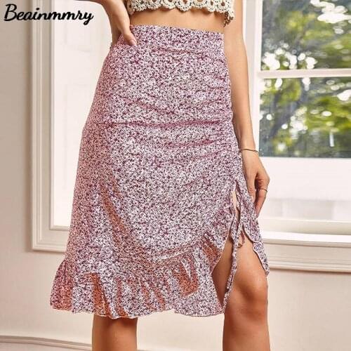 Women Print Flroal Ruffle Ruched Drawstring Skirt 2021 Summer Female Boho Casual Slim High Waist Irregular Midi Skirts
