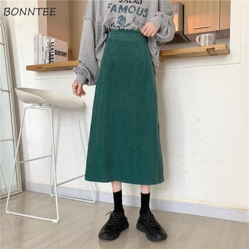 A-line Skirts Women Solid Corduroy Slit Soft Autumn Leisure High Waist All-match Korean Style Elegant Fashion Lady Retro Popular