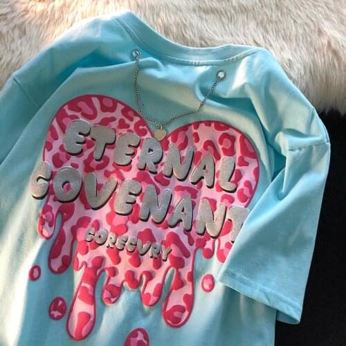 Womens Short-Sleeved T-shirt Mid-Length Puff Print Pink Lovely Heart-Shaped Design 2021 Summer