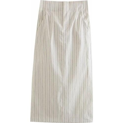 2021 Striped Faldas Women elegance linen Midi Skirt Office High Waist A-line Skirts Slit Side split Middle length Skirts Female