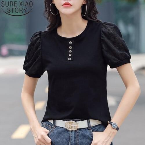 Puff Sleeve Tops Women Summer Tees Women Lace T-shirts Korean Fashion Clothes 2021 New Short Sleeve Cotton Tshirt Blusas 15703