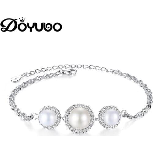 DOYUBO Women 925 Sterling Silver Semiround Pearl Bracelets Large 13MM White / Pink / Purple Pearl Bangle Fashion Jewelry VD059