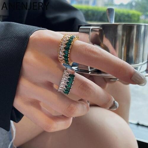 ANENJERY 925 Sterling Silver Shiny Colored Zircon Ring for Women Light luxury Retro Open Ring European Hot-Selling Jewelry