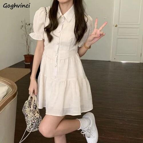Short Petal Sleeve Dress Women Solid Simple All-match Basic Mini Single Breasted A-line Dresses Preppy Style Ins Sweet Fashion