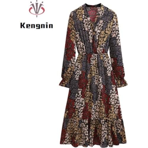 Big Size 4XL Womens Dress 2021 Autumn Loose Chiffon Dress Bohemian Long Sleeve Ladies Vestidos Print Female Robe Dress KE1836