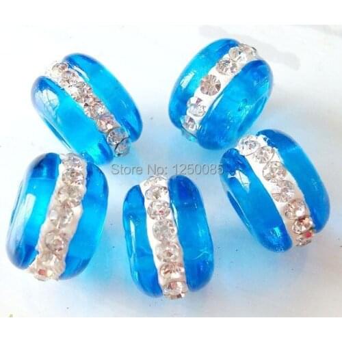 20PCS/lot Blue color Beautiful Rhinestone European Lampwork Glass Beads fit Charms Bracelet&Necklace14x9mm
