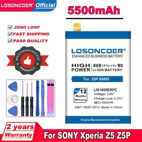 LOSONCOER 5500mAh LIS1605ERPC Battery For SONY Xperia Z5 Premium Z5P Dual E6883 E6853 Mobile Phone Battery +Free tools