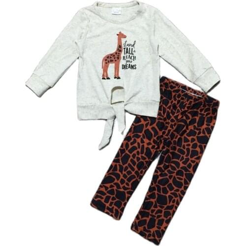 Girlymax Fall/winter Baby Girls Children Kids Clothing Giraffe Tie Knot Top Ruffles Leopard Clothes Boutique Pants Sets Outfits