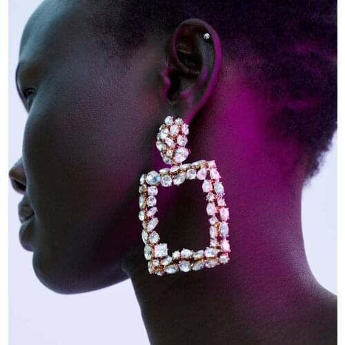 Flatfoosie Shiny Crystal Square Drop Earrings 2018 Boho Vintage Large Golden Dangle Earring Fashion Bar Party Jewelry For Women
