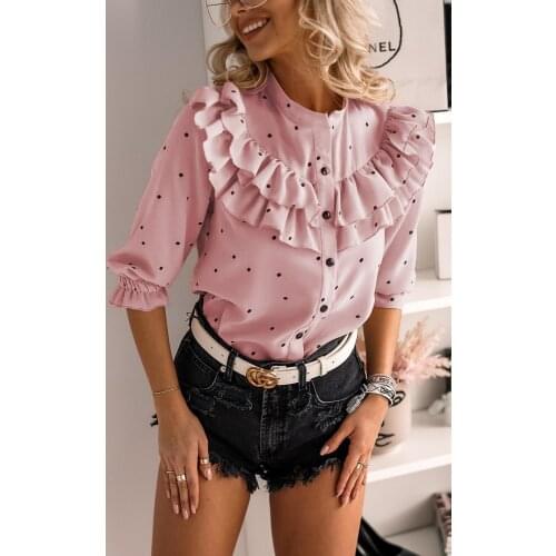 Polka Dot Lotus Leaf Stand-up Collar Woman Shirt 2021 New Door Tube Half-sleeve Breathable Lotus Leaf Blouse Womens Shirts