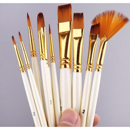 10pcs Nylon Hair Wooden Handle Watercolor Paint Brush Pen Set DIY Oil Acrylic Painting Art Paint Brushes