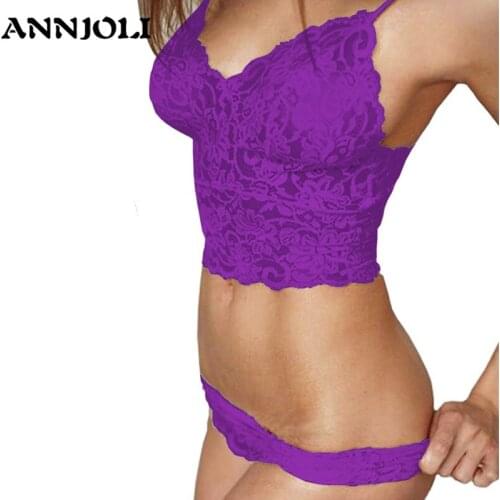 ANNJOLI Plus Size 5XL Women Sexy Corset Hollow Lace See-through Push Up Cami Bra Top and Panties Underwear Lingerie Set 4 Colors