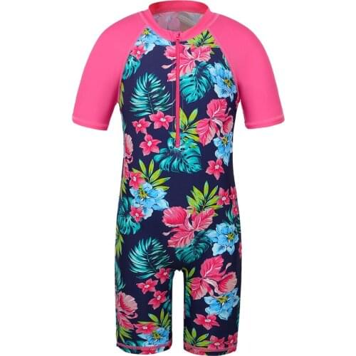 BAOHULU Girls Swimwear Short Sleeves One-Piece Bathing-Suit for Kids UPF50+ Navy Flower Toddler Surfing Beach Wear
