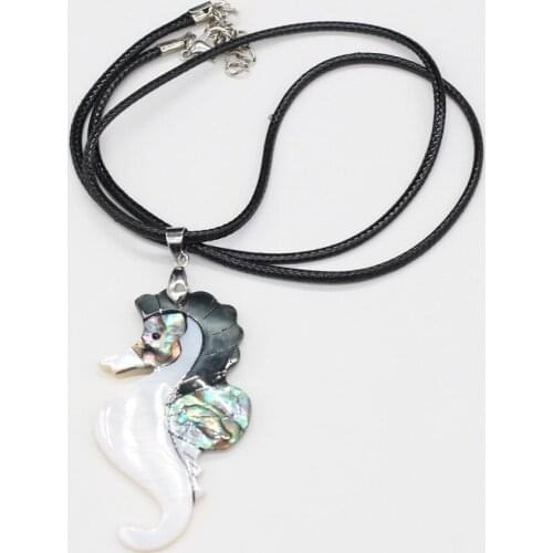 Natural Hippocampus Colored Shell Pendant Necklace Cute Animal Leather Rope Jewelry DIY Charms Necklace for Women Men Gift