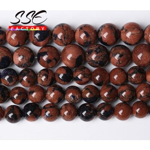 Wholesale Natural Gold Blue SandStone Round Loose Beads 4 6 8 10 12 MM For Jewelry Making DIY Bracelet Accessories 15" Strand