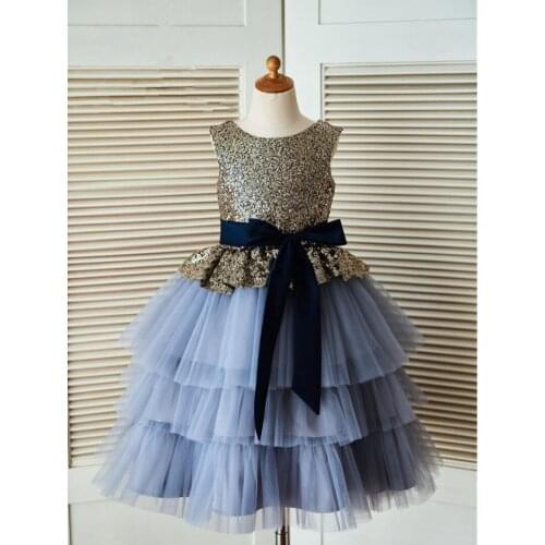 Sequin Princess Flower Girl Dresses Sleeveless Girls Wedding Party Ball Gown Layered Tulle Toddler Girls Pageant Communion Dress