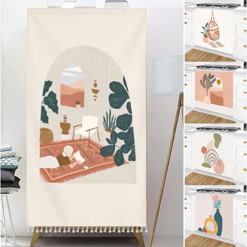 Printed Short Curtains Cabinet Dust Cover for Kitchen Bedroom Decorative Drapes Wardrobe Tassel Half-curtain Cafe Divider Panel