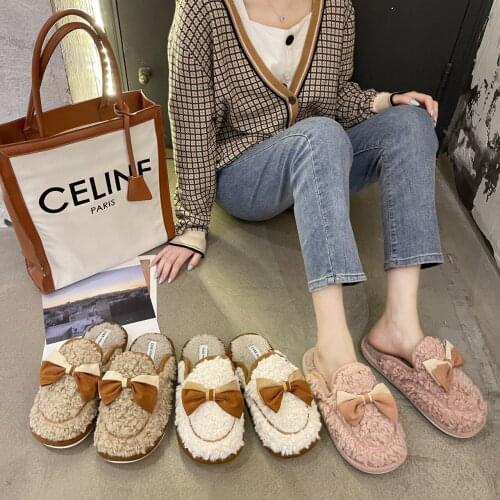 Faux Fur Slippers Women Winter With Butterfly Knot Girls Slippers Home Warm Ladies Slippers Fluffy Indoor Slipper Shoes Woman