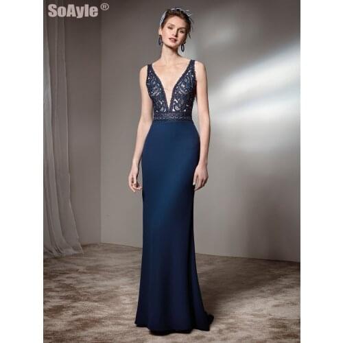 Dark Blue Lace Fomal Gown Sleeveless Deep V-Neck Sexy Backless Evening Dress for Wedding Guest Women Vestido De Festa SoAyle