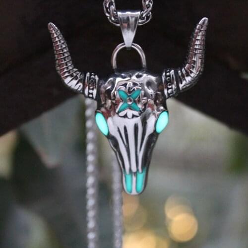 Titanium steel Bull Head Necklace Pendant GLOW in the DARK Vikings Power Nordic style MEN gift High Quality